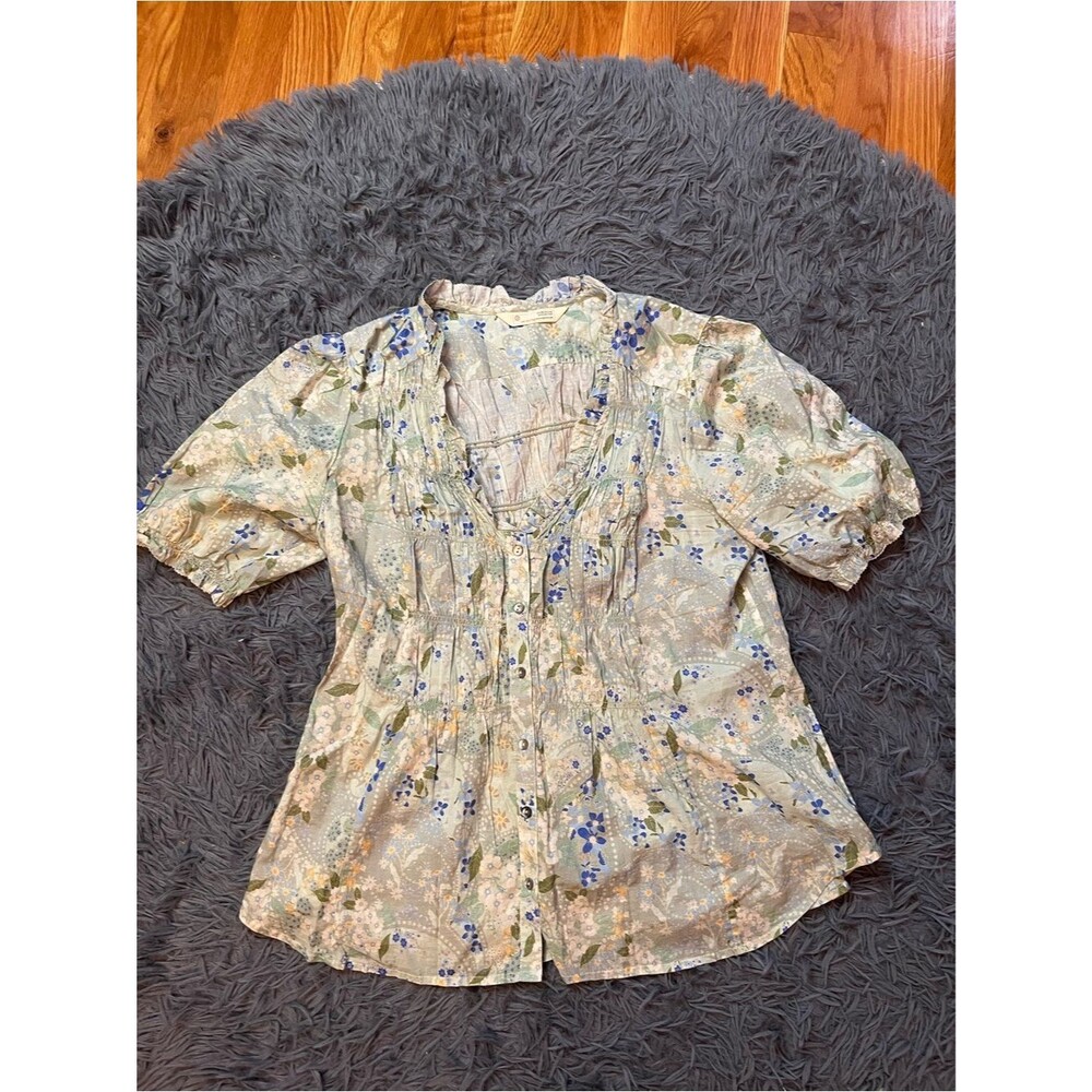 Odd Molly Floral Peasant Blouse in Soft Sage Blue Organic Cotton Size M